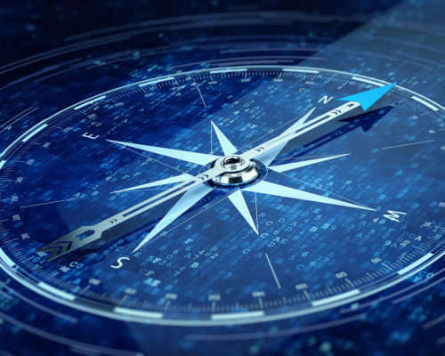 Compass Direction On Digital Code Blue Background. 3d rendering
