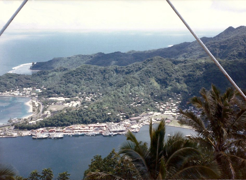 A view of Pago Pago Harbor, and the island of Tutuila, as seen from the top of Mount Alava in American Samoa.
