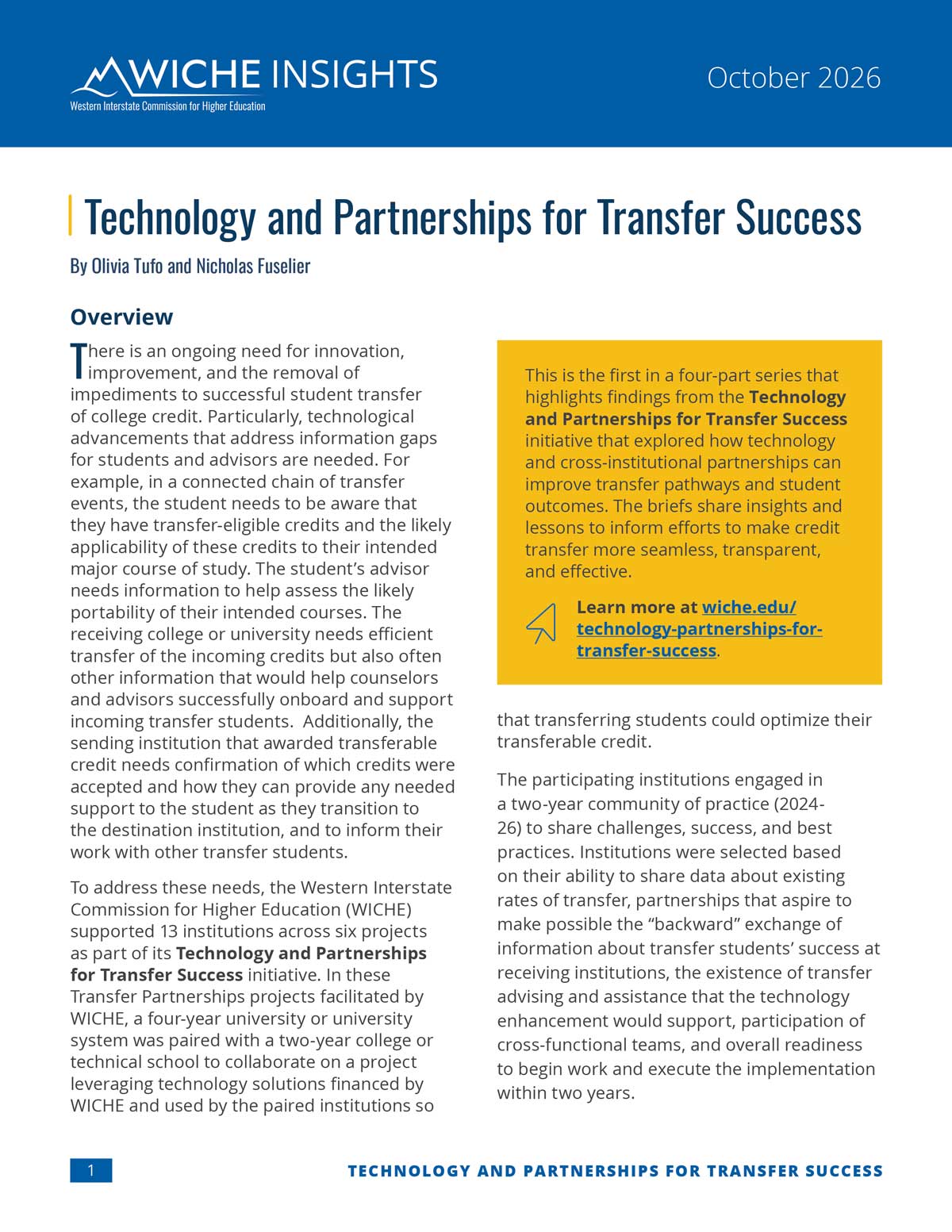 Cover art for WICHE Insights: Technology and Partnerships for Transfer Success