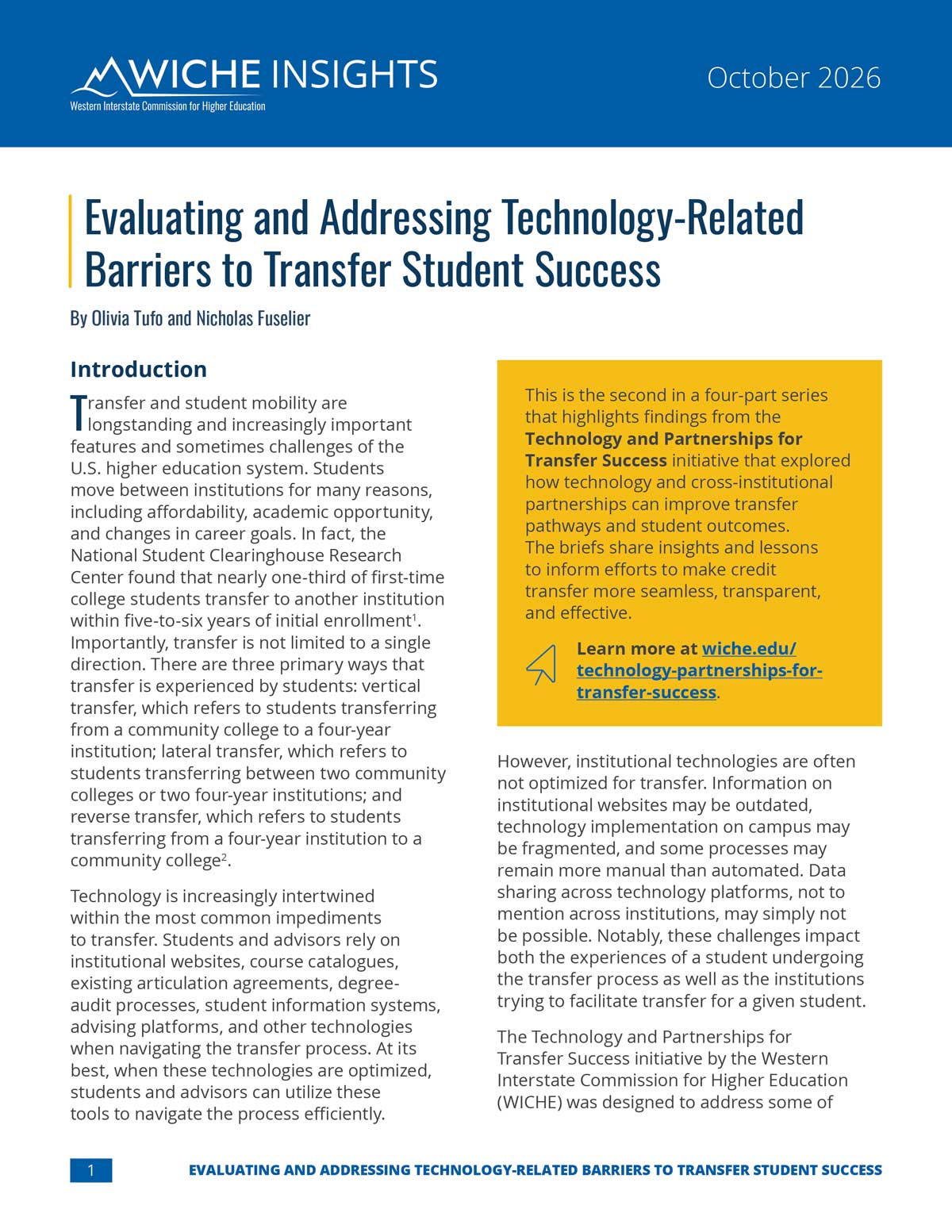 Cover art for WICHE Insights: Evaluating and Addressing Technology-Related Barriers to Transfe...