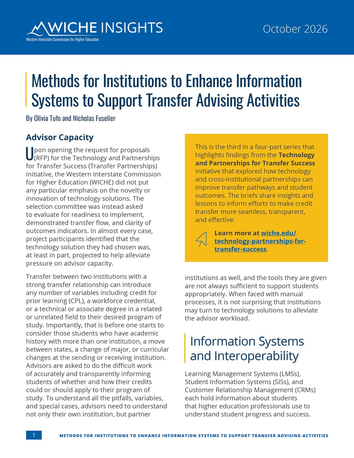 Cover art for WICHE Insights: Methods for Institutions to Enhance Information Systems to Suppo...