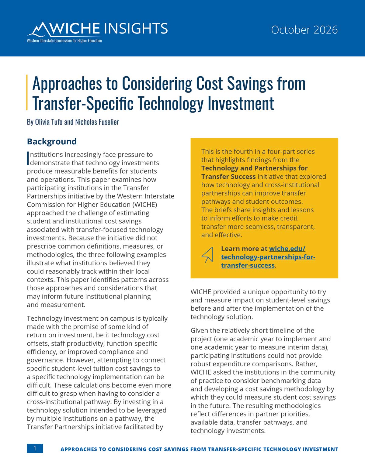 Cover art for WICHE Insights: Approaches to Considering Cost Savings from Transfer-Specific Te...